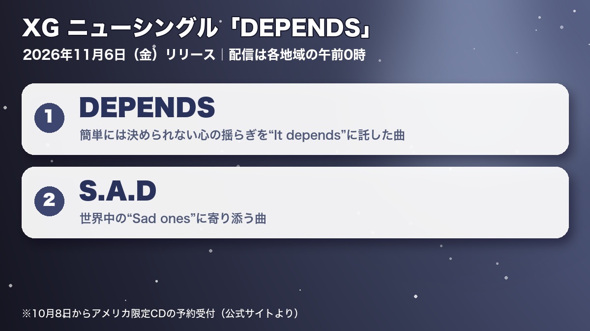 XGのニューシングル「DEPENDS」の収録曲2曲とリリース日をまとめたオリジナル図表