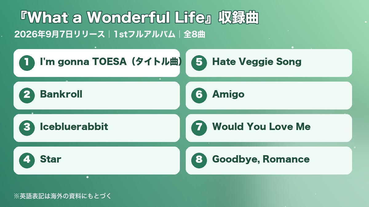 ソヨン1stフルアルバム『What a Wonderful Life』の収録曲8曲をまとめたオリジナル図表