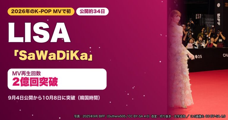 LISA（2025年9月・釜山国際映画祭）の写真と「SaWaDiKa」MV2億回突破の文字を配したサムネイル