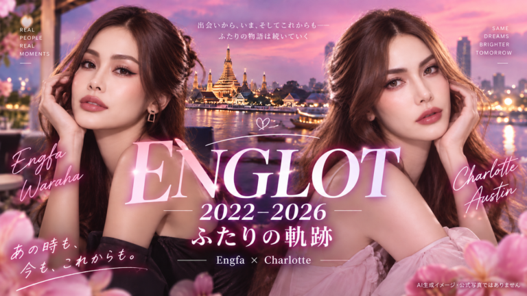 Englotの2022年から2026年の軌跡を紹介するサムネイル。EngfaとCharlotteをイメージしたAI生成画像、ピンクのタイの夕景背景。